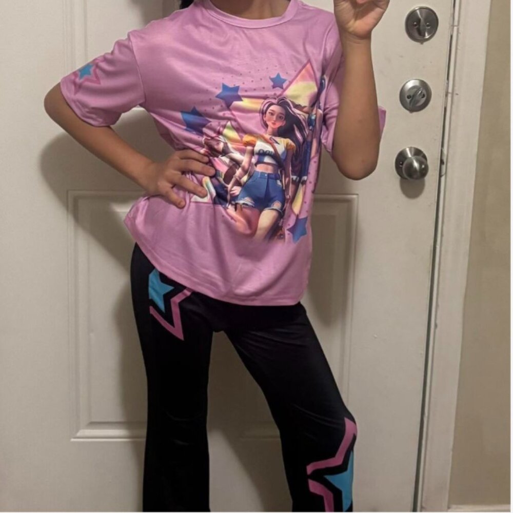 2pcs/Set Tween Girls Casual Loose Fit Cartoon Girl Graphic Tee And Flare Pants,